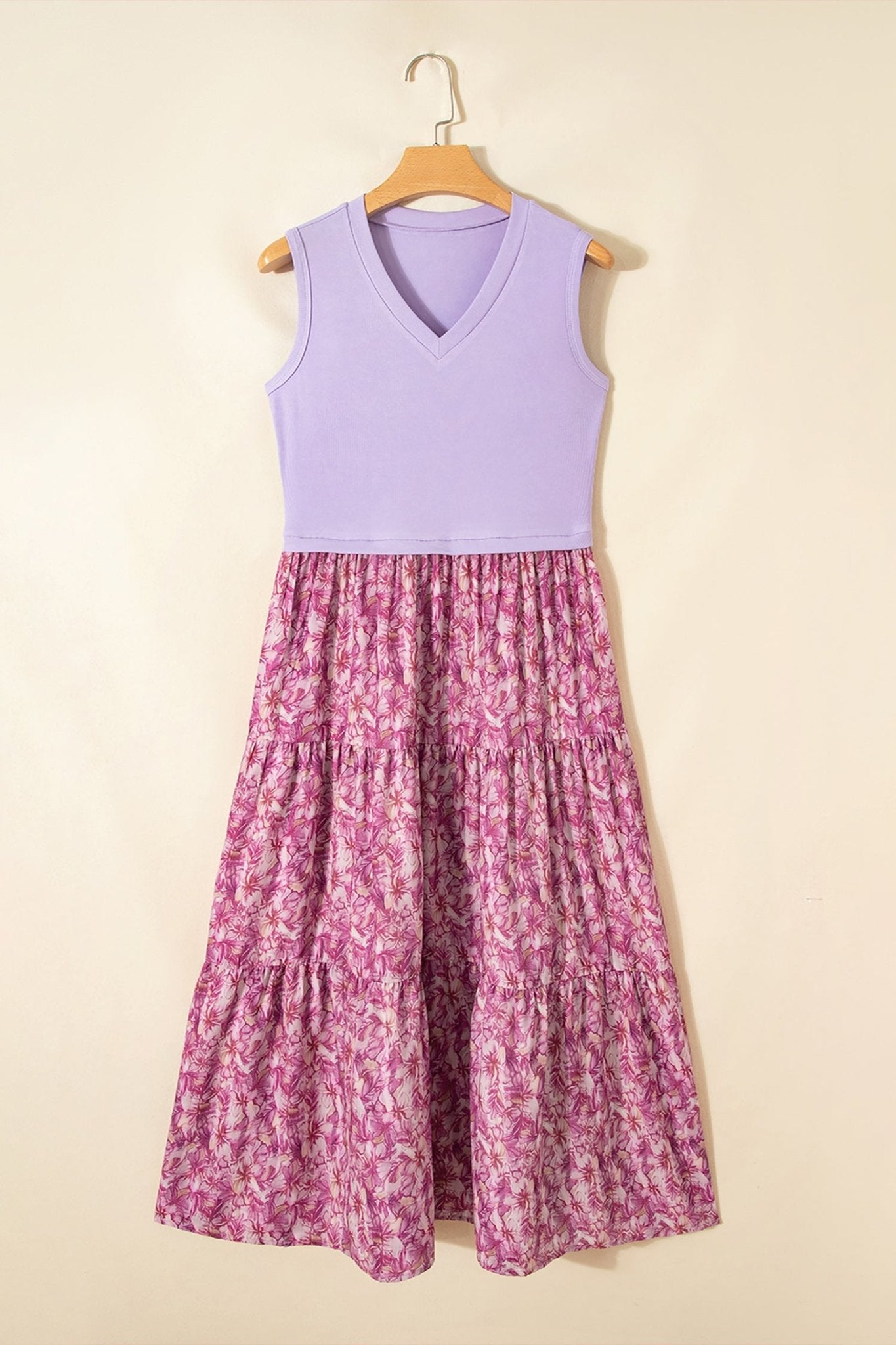 Purple Ribbed V Neck Tank Floral Contrast Patchwork Long Dress - Loving It Shop