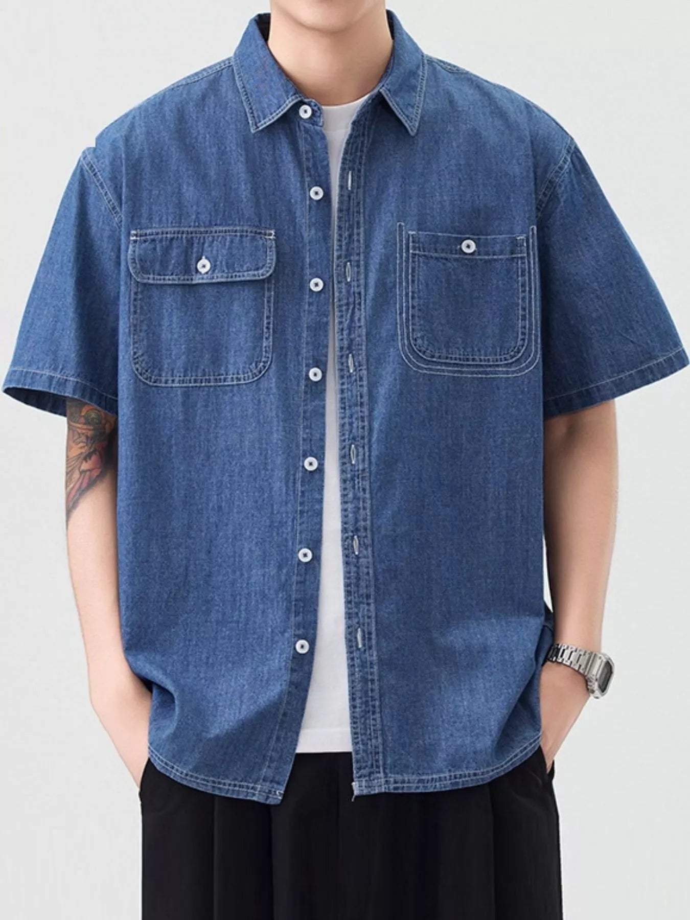 Men's Plus Size Casual Short Sleeve Denim Shirt