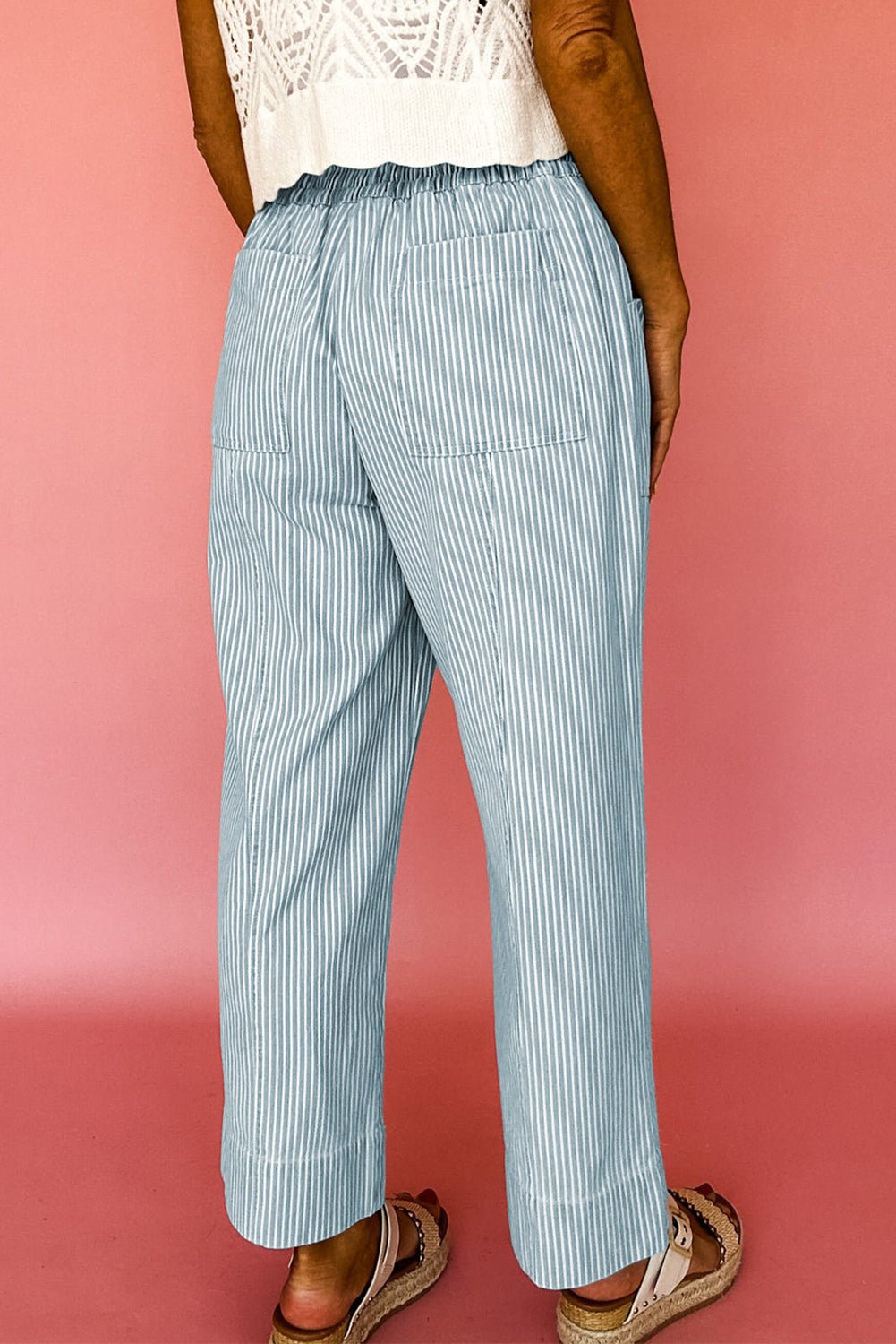 Sky Blue Stripe Mid Rise Drawstring Waist Jeans - Loving It Shop