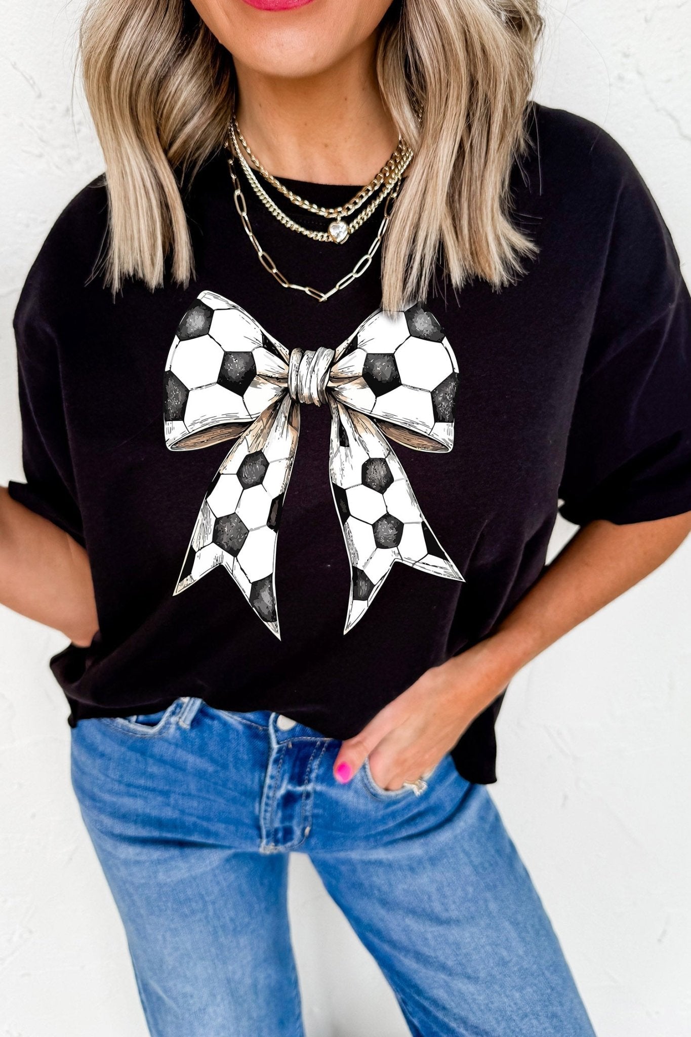 Black Soccer Bow Graphic Casual Summer Tee - Loving It Shop