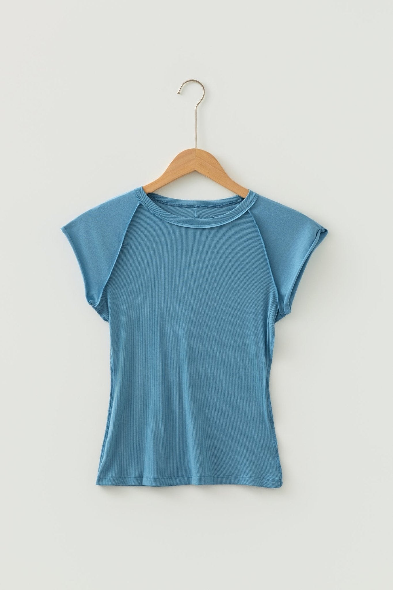 Peacock Blue Crew Neck Cap Sleeve Ribbed T Shirt - Loving It Shop