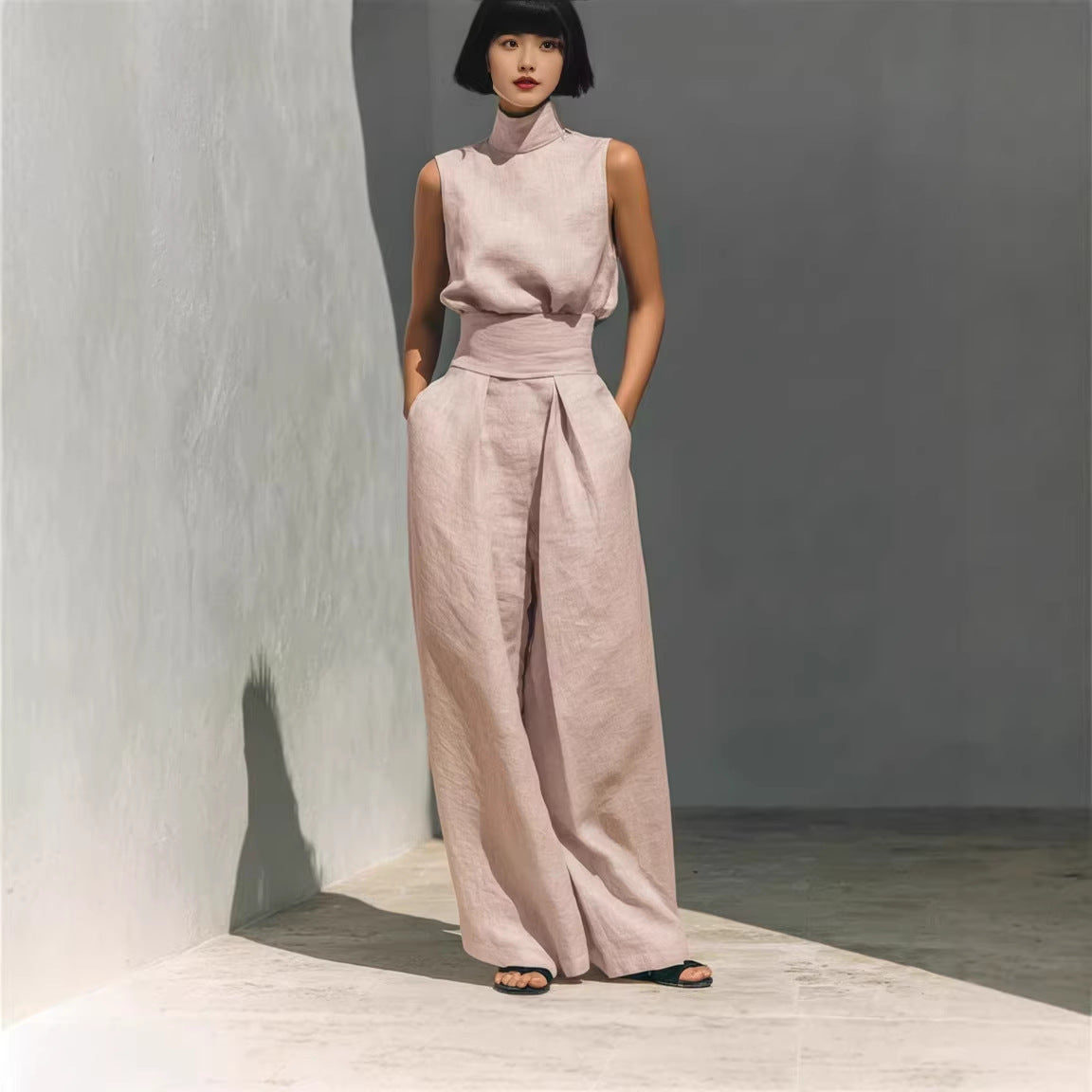 Casual Sleeveless Suit Summer Stand-up Collar Pullover Top And Loose Straight-leg Trousers Women&