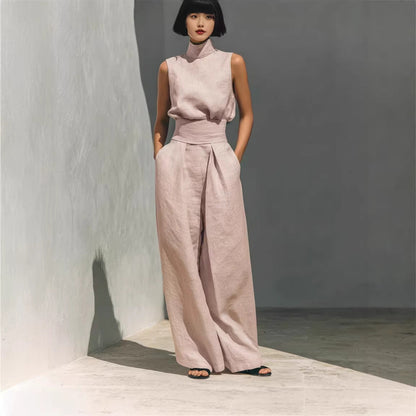 Casual Sleeveless Suit Summer Stand-up Collar Pullover Top And Loose Straight-leg Trousers Women&
