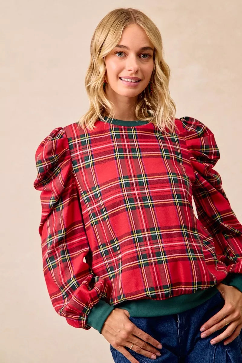 Christmas Plaid Exaggerated Shoulder Sleeves Top