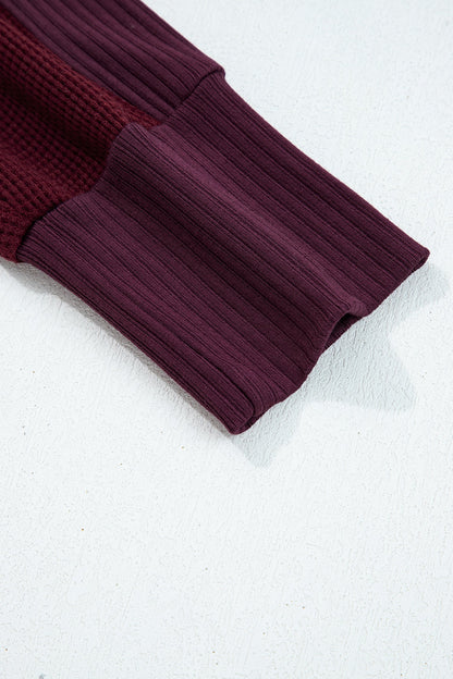 Burgundy Waffle Splicing Zip Up Front Button Hooded Jacket