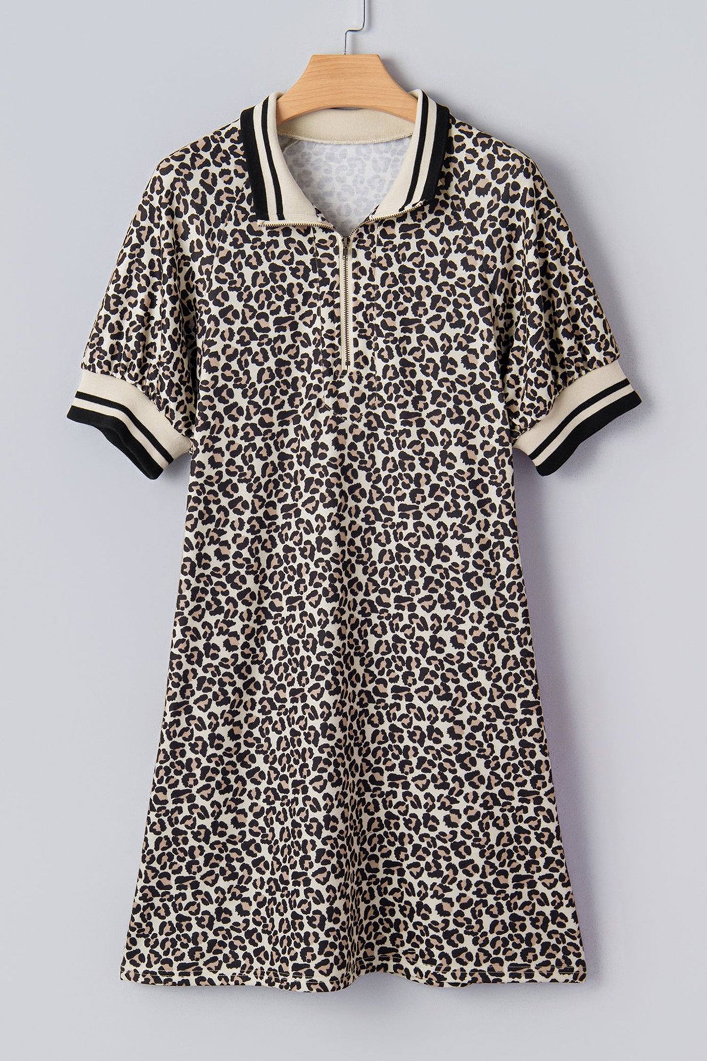 Khaki Leopard Print Zip Neck Striped Webbing Patchwork T Shirt Mini Dress
