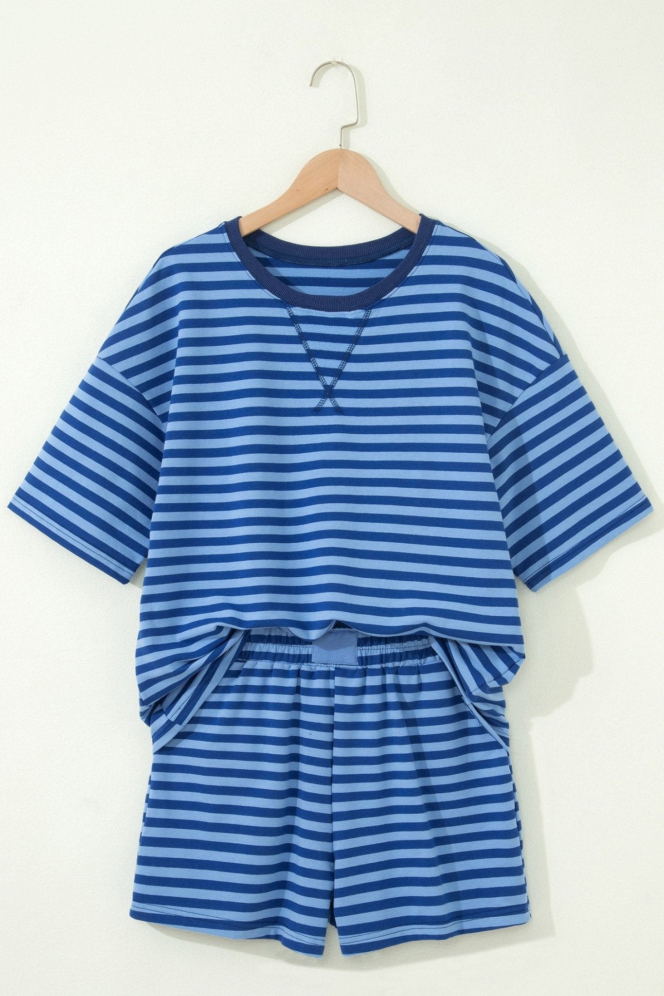 Blue Stripe Striped Ribbed Cotton Two - Piece Short Set with Chest Patch Detail - Loving It Shop