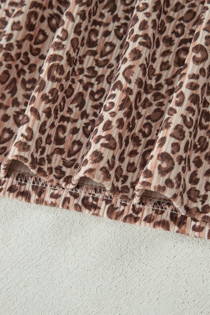 Brown Leopard Print Ribbed Patchwork Half Button Loose Tee Elastic Waist Short 2pcs Set - Loving It Shop