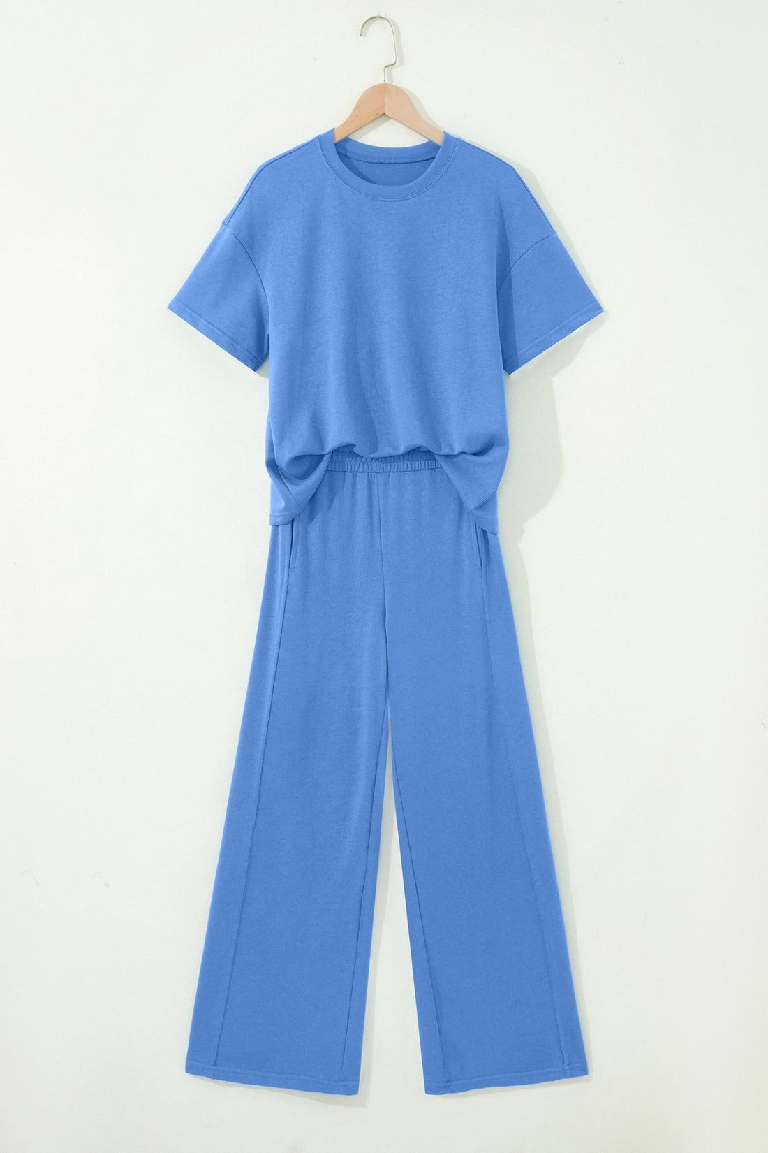 Sky Blue Solid Cover Oversize Tee Pocketed Casual Pants 2pcs Outfit - Loving It Shop
