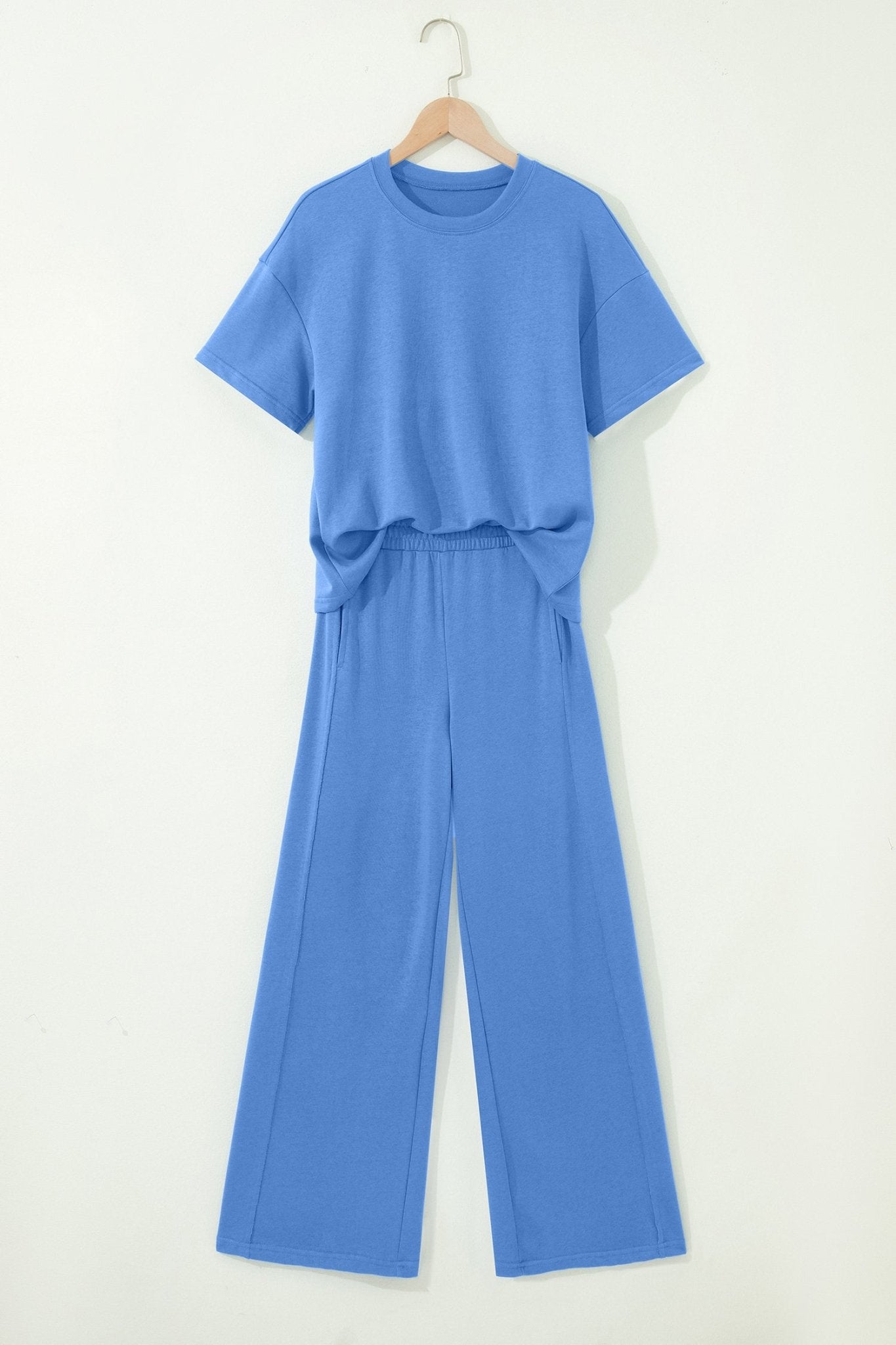 Sky Blue Solid Cover Oversize Tee Pocketed Casual Pants 2pcs Outfit - Loving It Shop