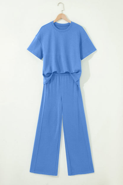 Sky Blue Solid Cover Oversize Tee Pocketed Casual Pants 2pcs Outfit - Loving It Shop