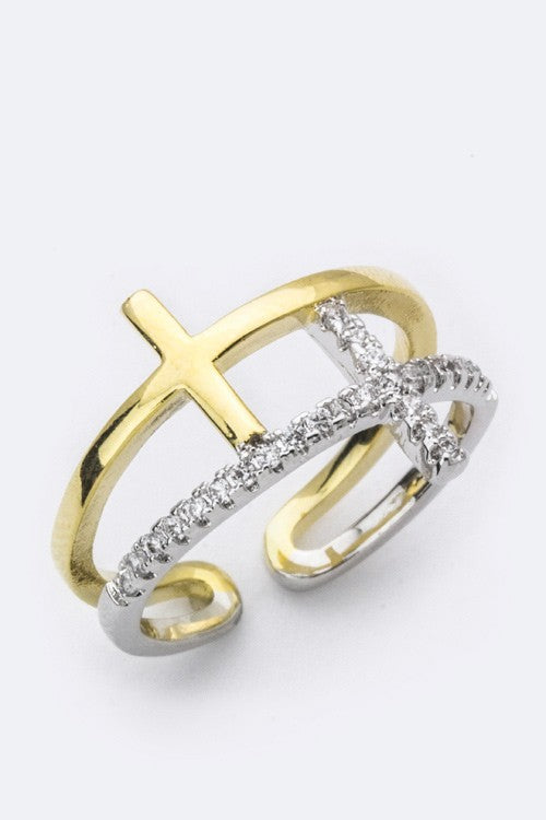 Statement 2 Tone CZ Cross Ring Stylish Fashion Jewelry Accessory