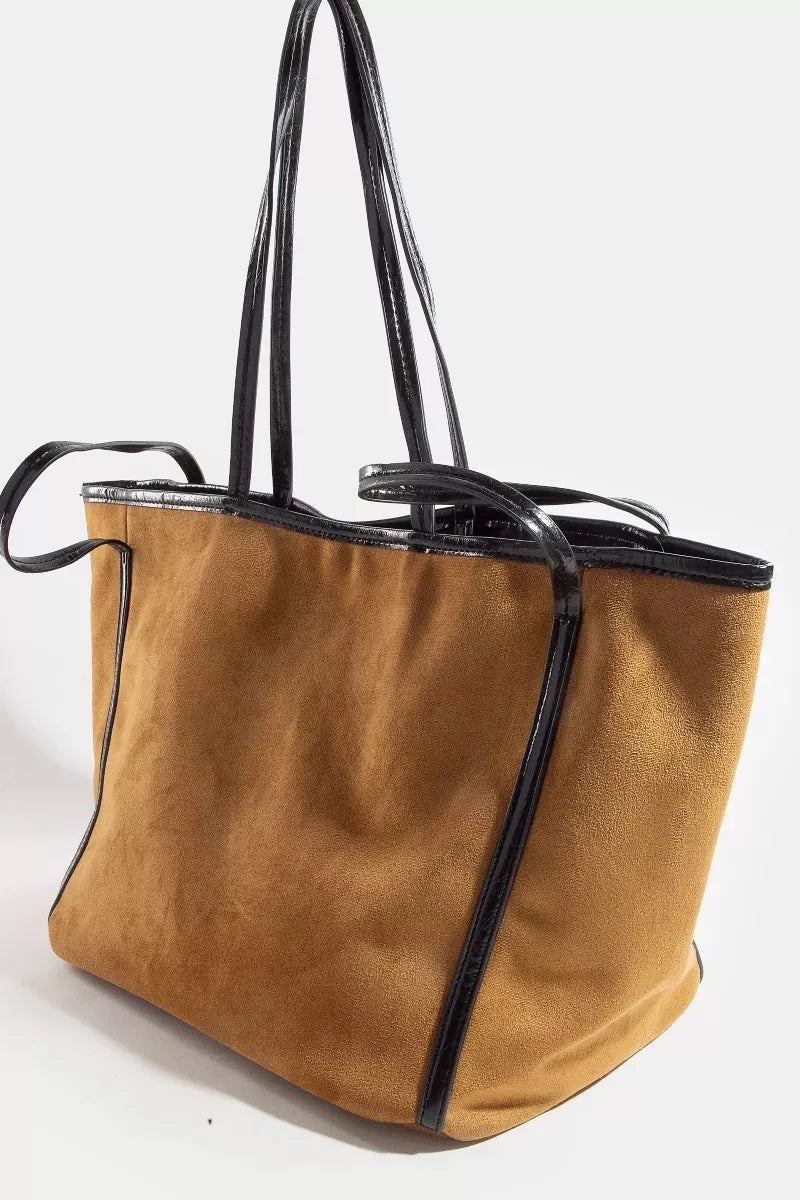 Suede Tote Faux Leather Trim Shoulder Strap