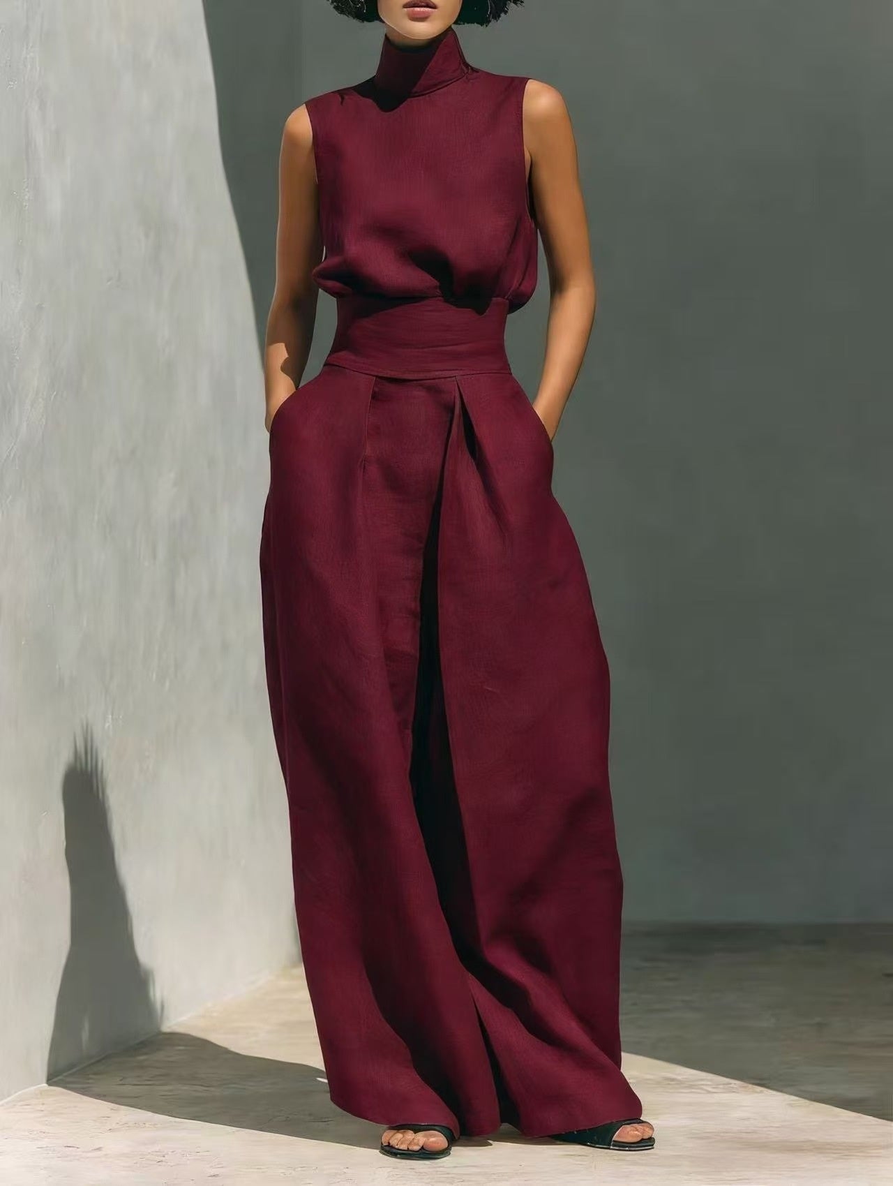 Casual Sleeveless Suit Summer Stand-up Collar Pullover Top And Loose Straight-leg Trousers Women&