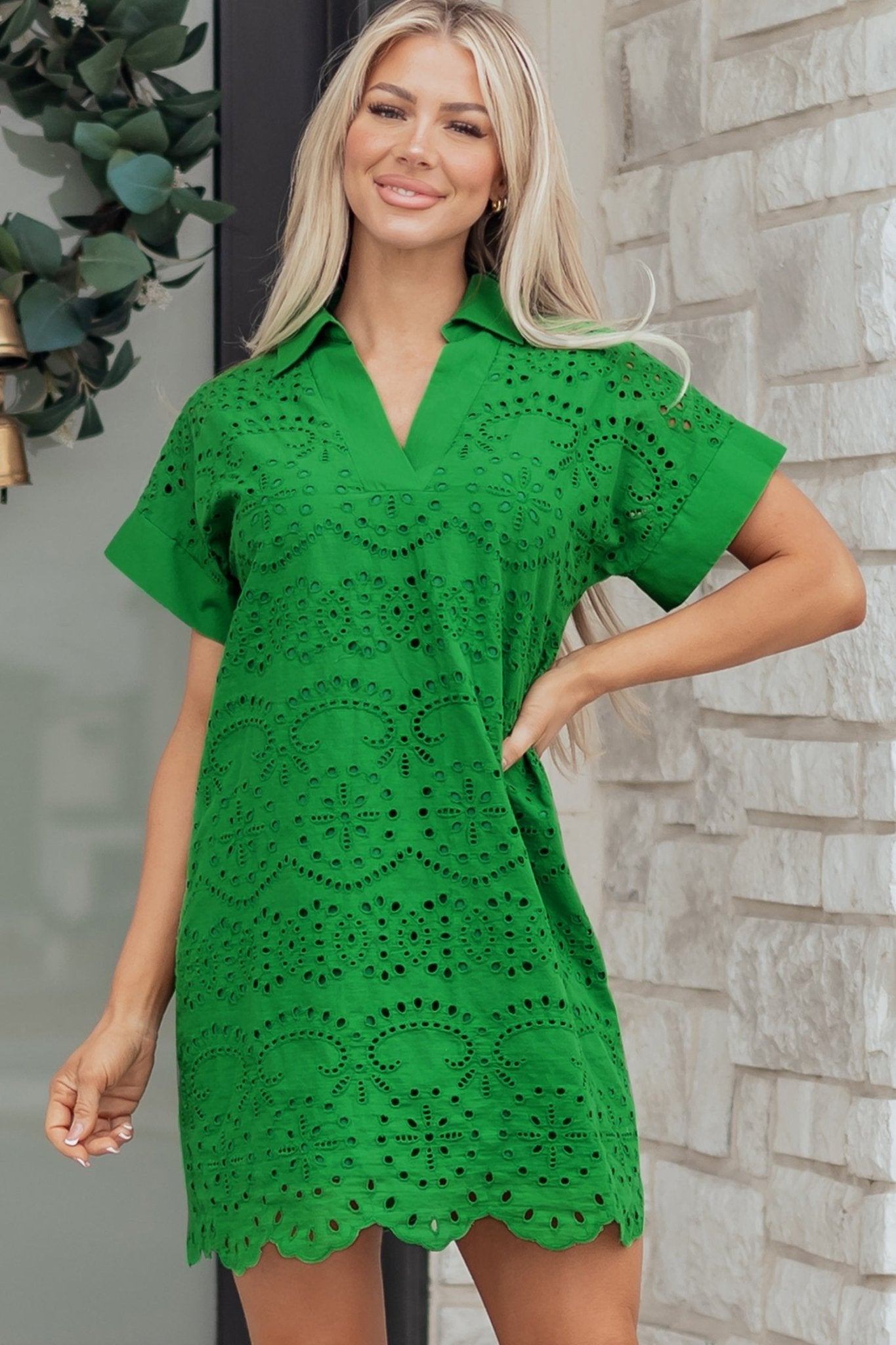 Green Solid Color Eyelet Embroidered T Shirt Mini Dress - Loving It Shop