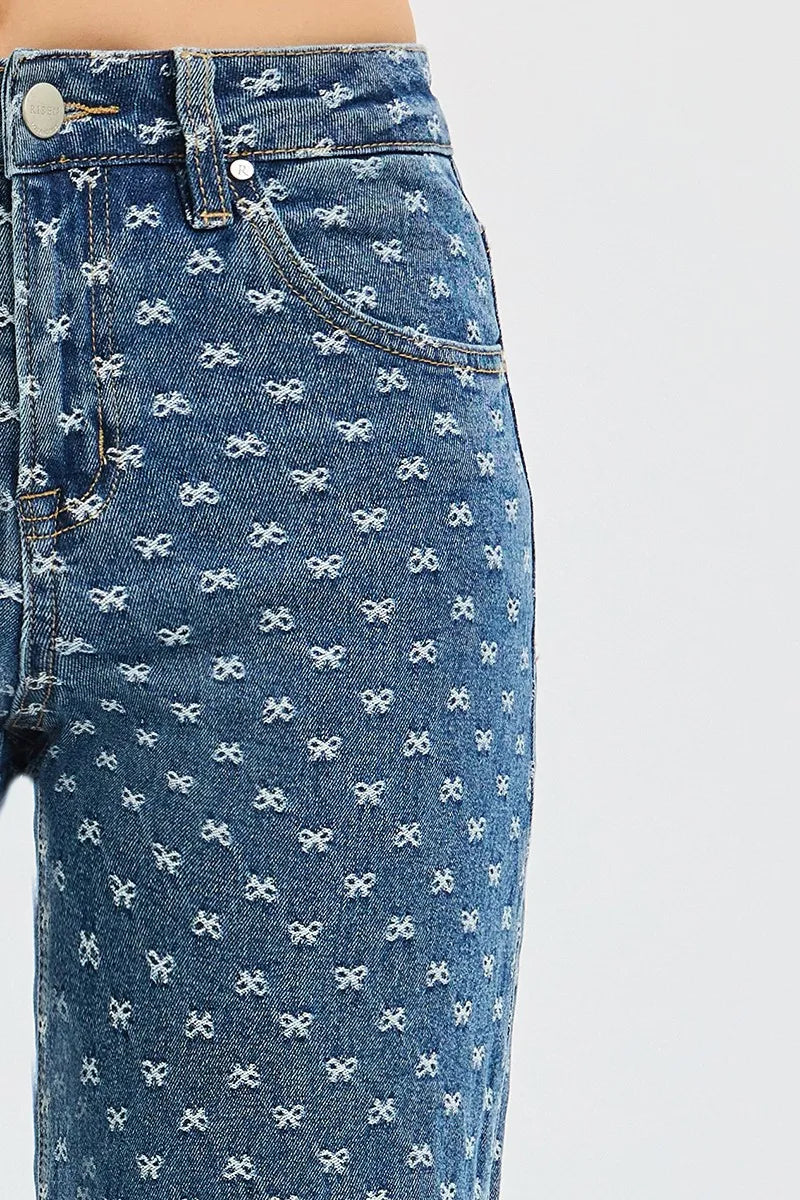 High Rise Wide Leg Bow Embroidered Jeans