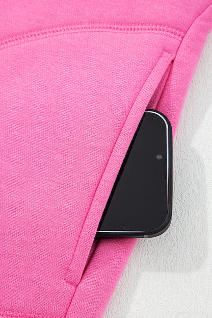 Bright Pink Half Button Stand Neck Drop Shoulder Sweatshirt
