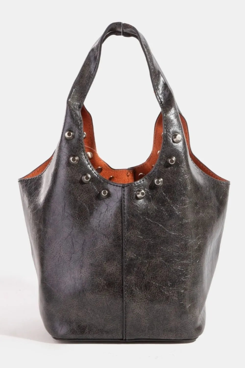 Weathered Faux Leather And Studs Bucket Bag