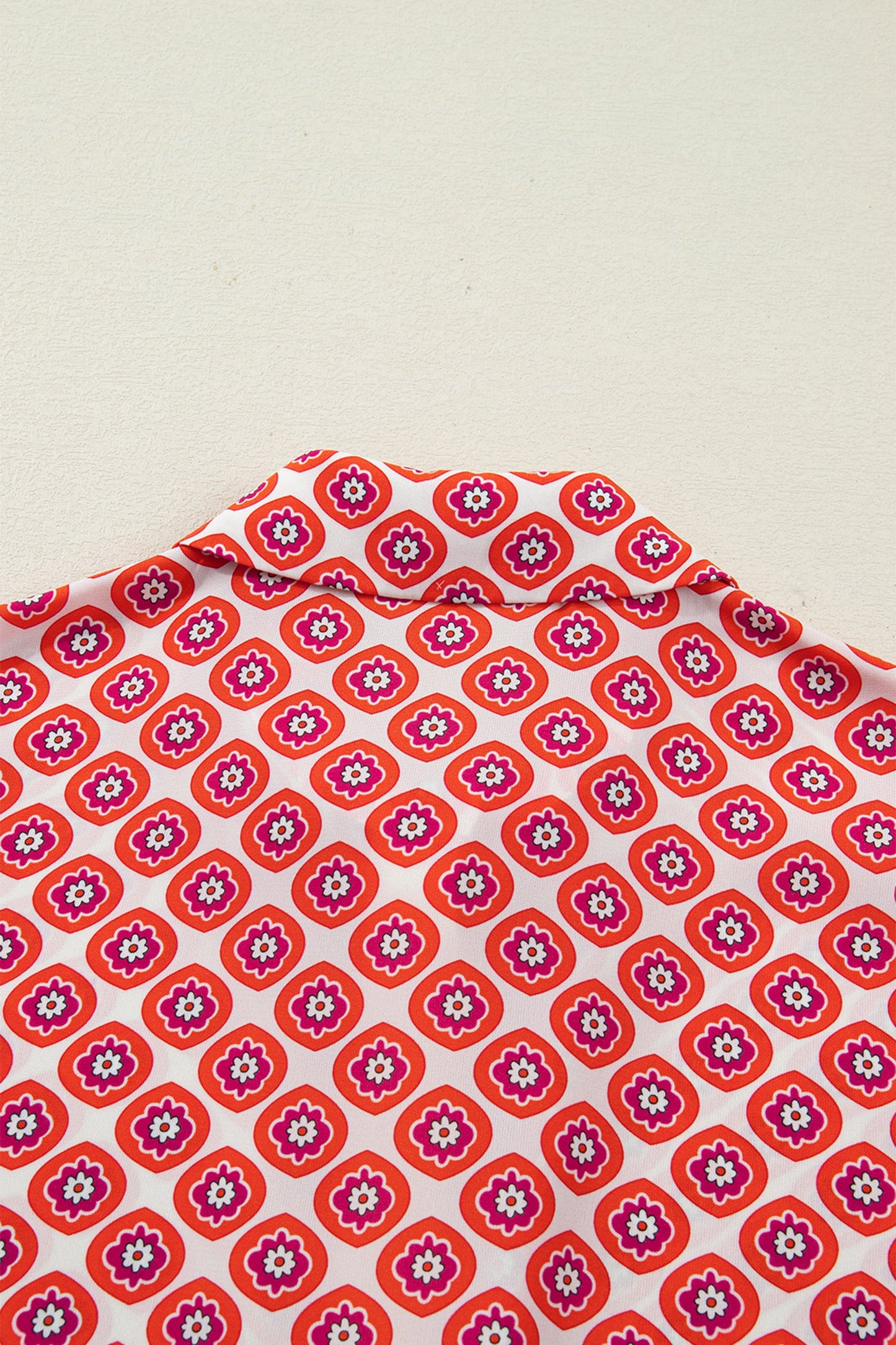 Orange Geometric Floral Print Color Block Trim Button Front Ruffle Hem Dress