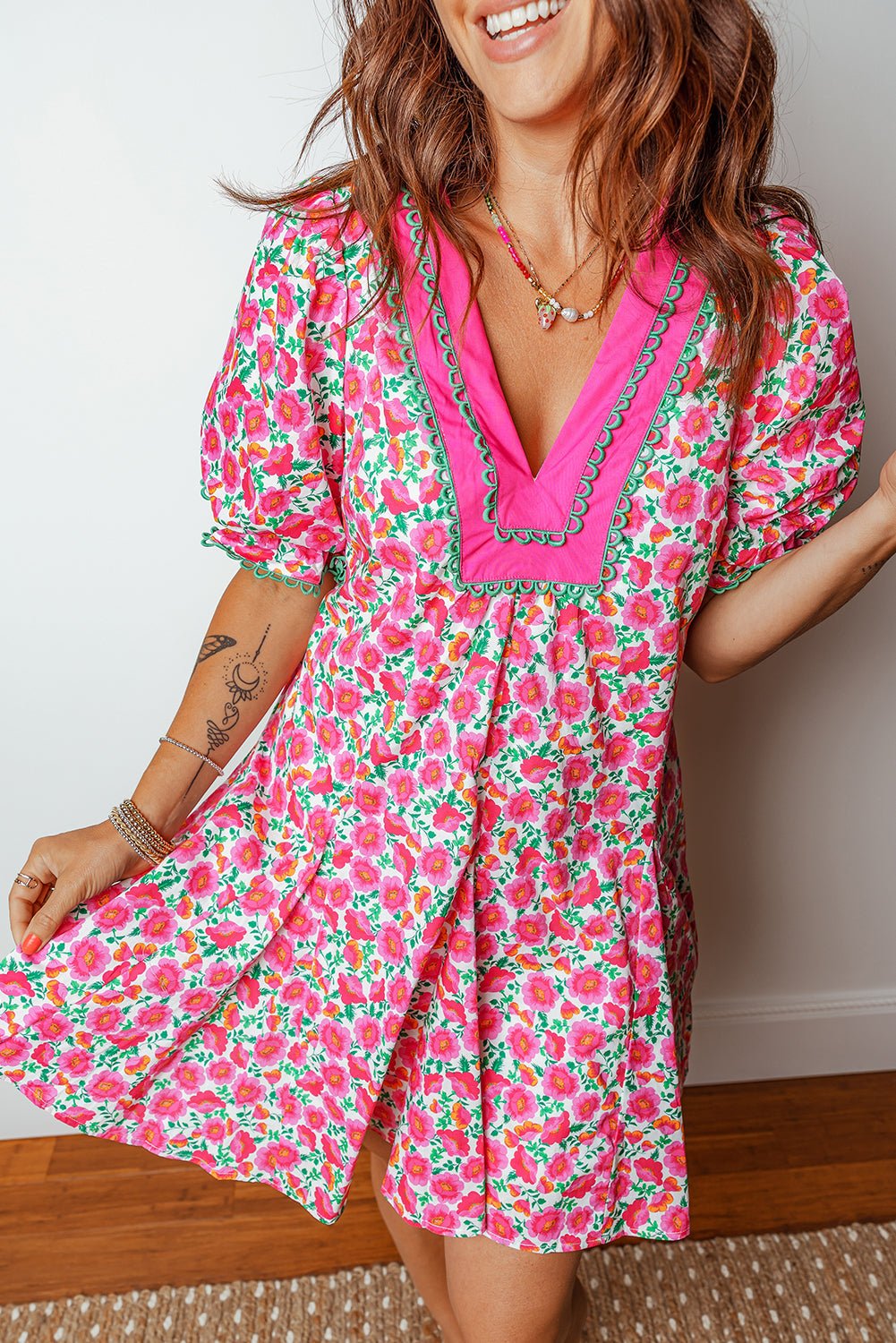Pink Floral Print V Neck Patchwork Short Bubble Sleeve Mini Dress - Loving It Shop
