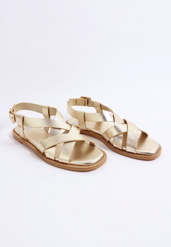Doata Metallic Genuine Leather Buckled Flats
