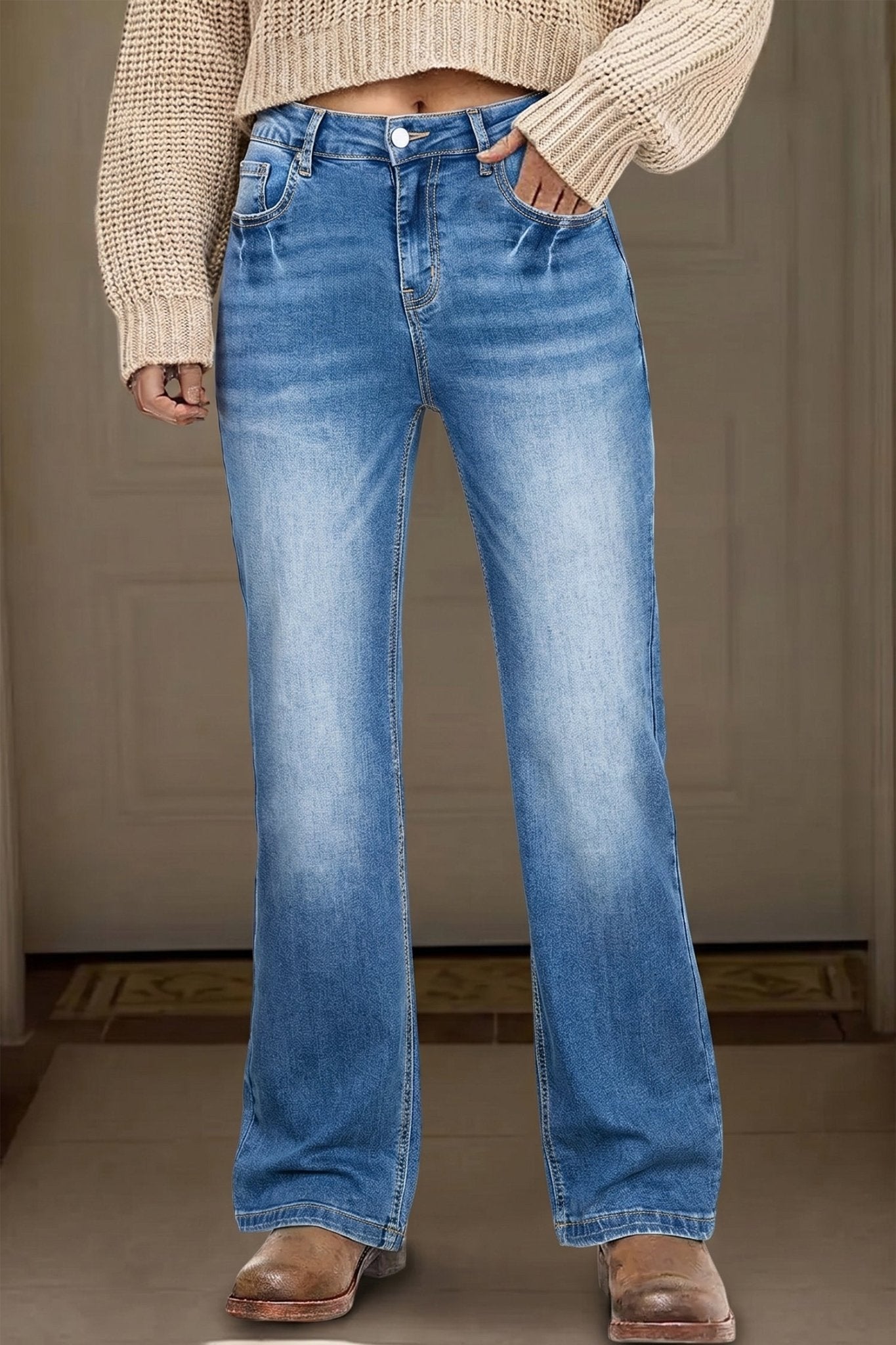 Myosotis Acid Washed Straight Leg Full Length Casual Jeans - Loving It Shop