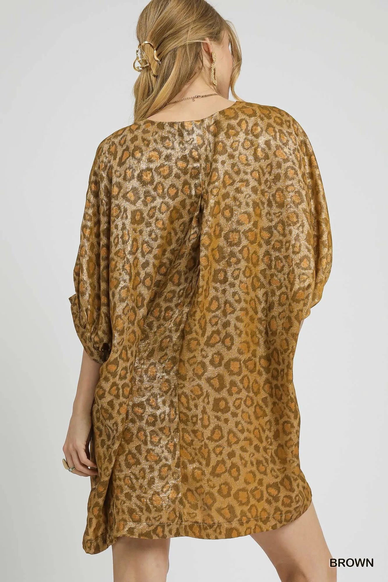 Metallic Leopard Print V-Neck Kimono Dress