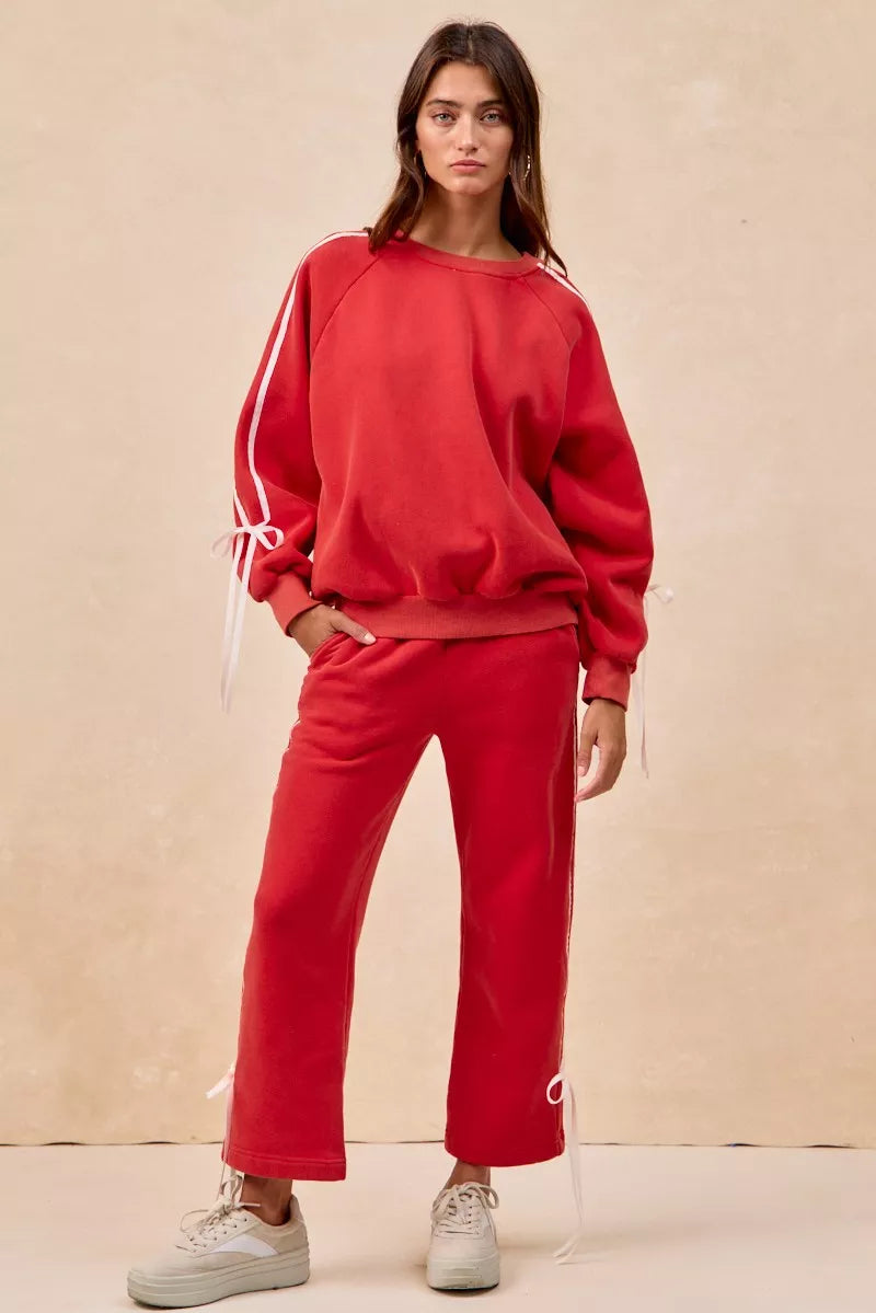 Side Lined Bow Details Fleece Sweatshirt