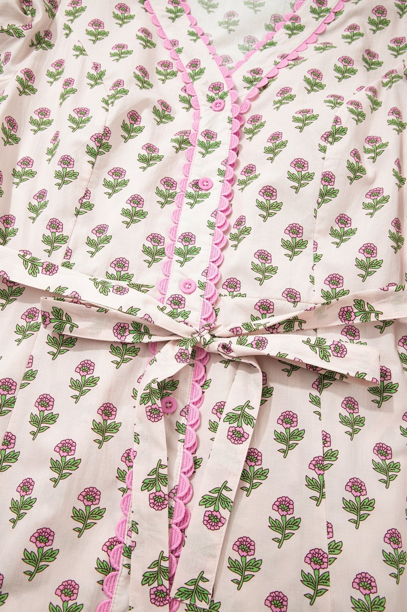Pink Floral Print V Neck Scallop Trim Button Front Short Sleeve Long Dress - Loving It Shop