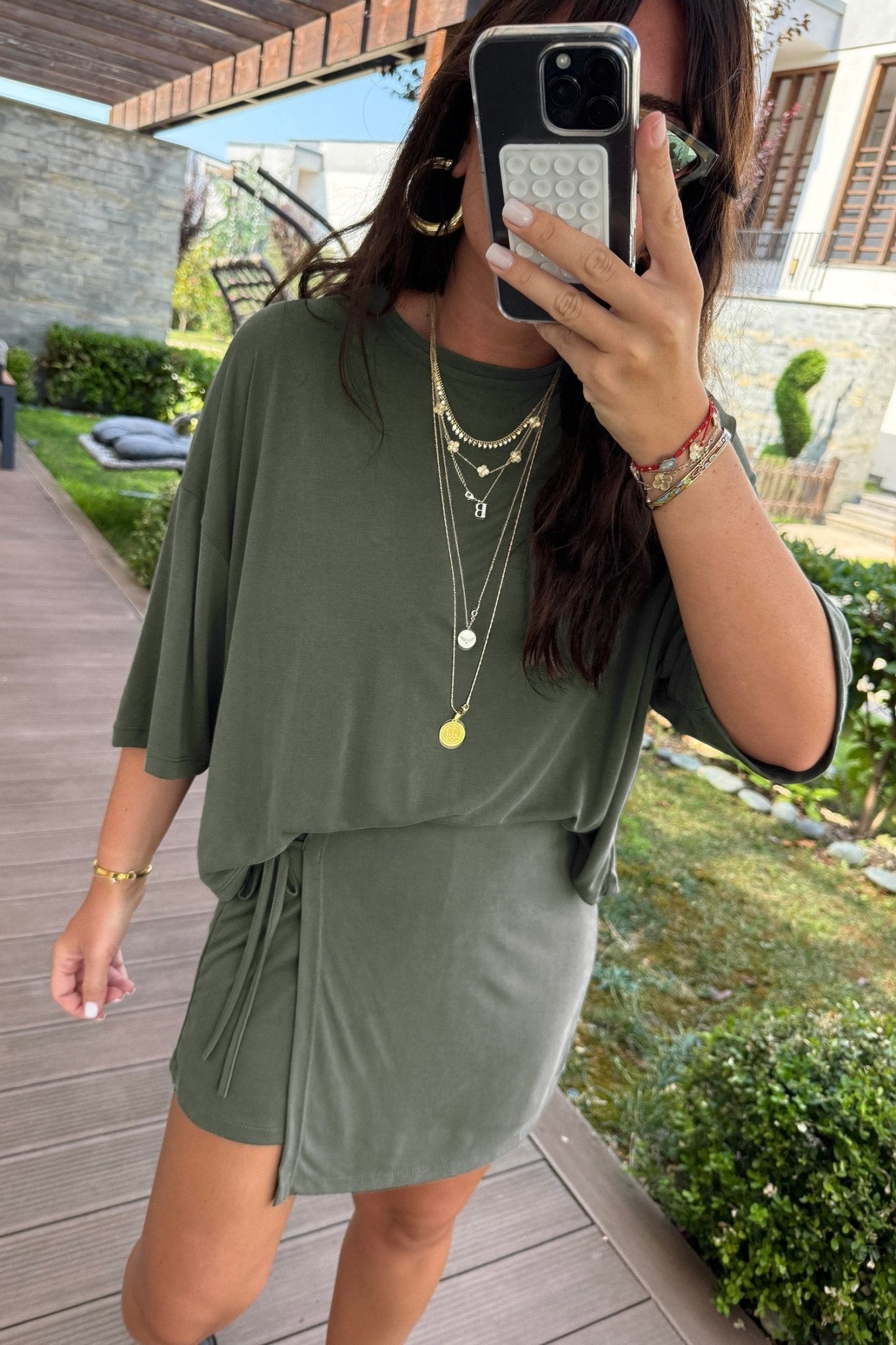 Laurel Green Solid Color Oversize Tee Tie Wrap Mini Skort 2pcs Set - Loving It Shop