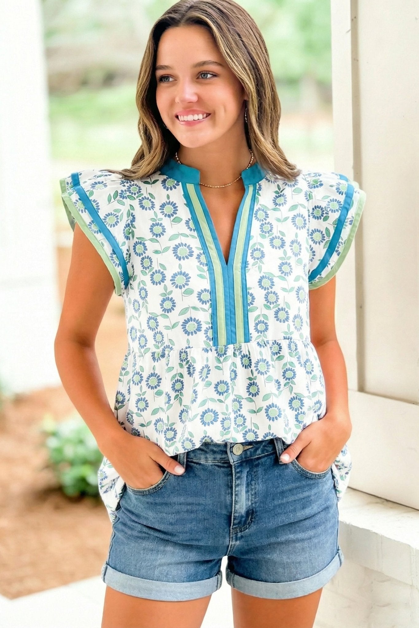 Green Sunflower Printed Contrast Trim V Neck Flutter Sleeve Blouse - Loving It Shop