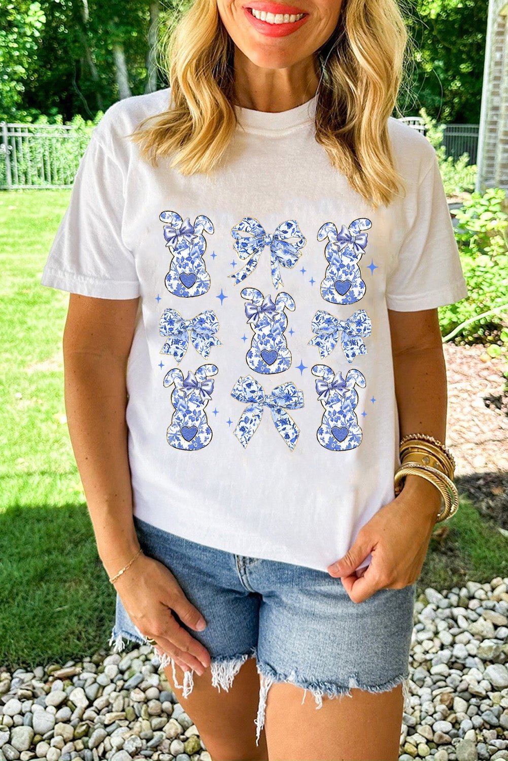 White Bowknot Bunny Graphic Easter Fashion T Shirt - Loving It Shop