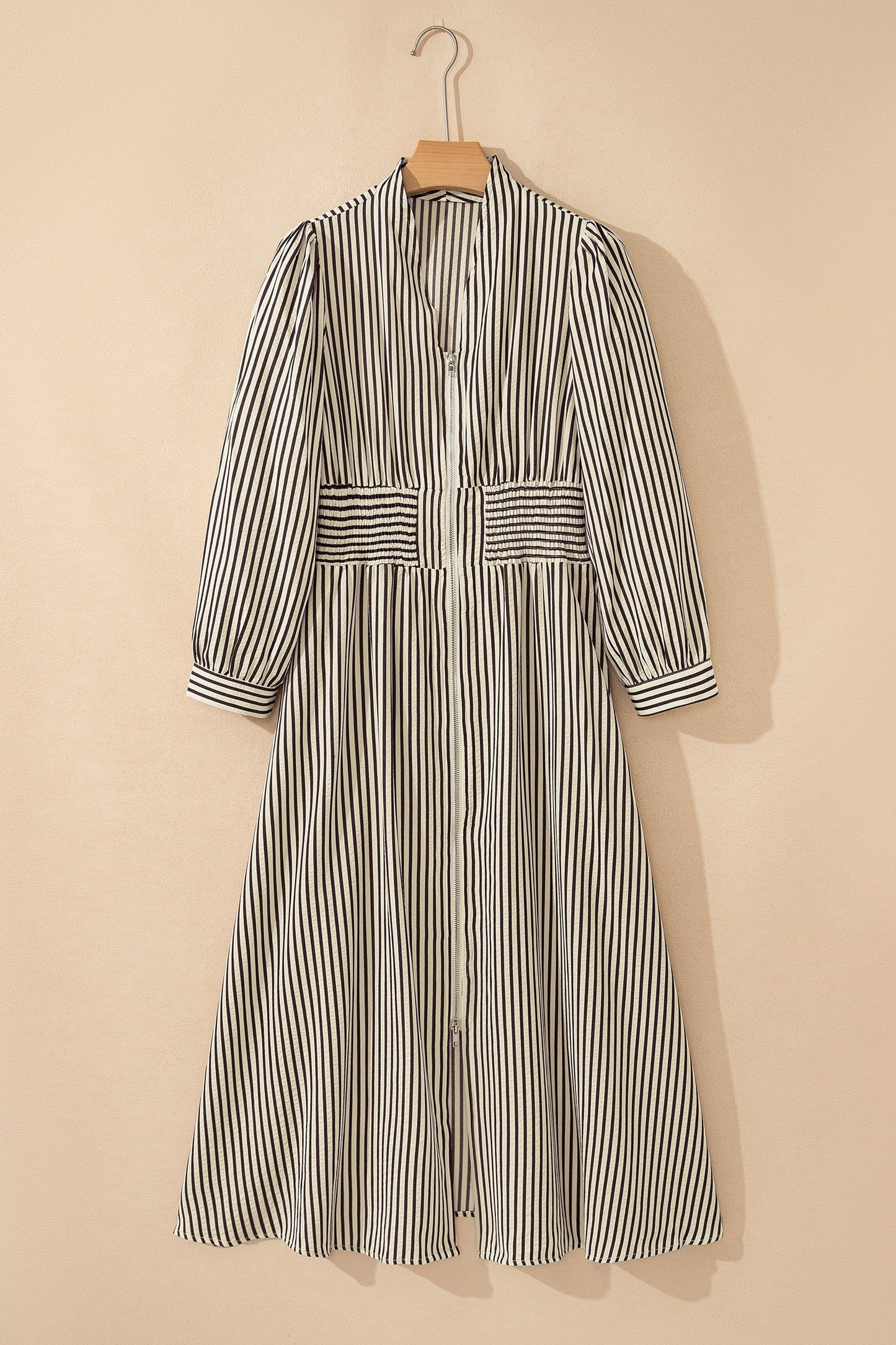 Black Stripe V Neck Zip Front Cinched High Waist Midi Dress