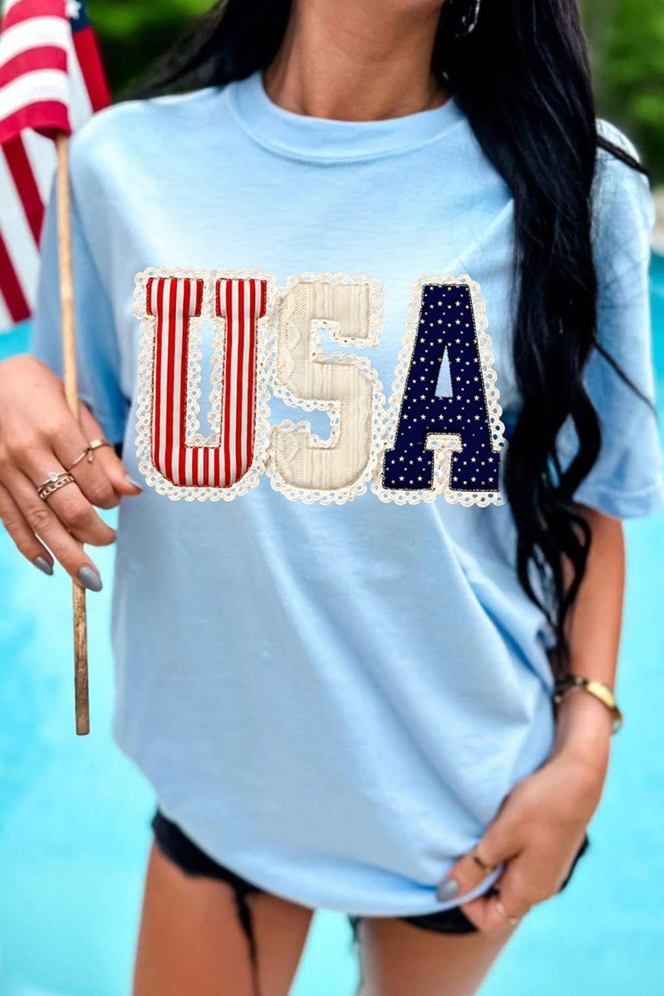 Light Blue USA Patriotic Printed T Shirt - Loving It Shop