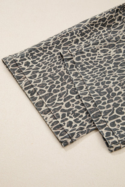 Brown Leopard Print Straight Leg Loose Denim Overall Jumpsuit