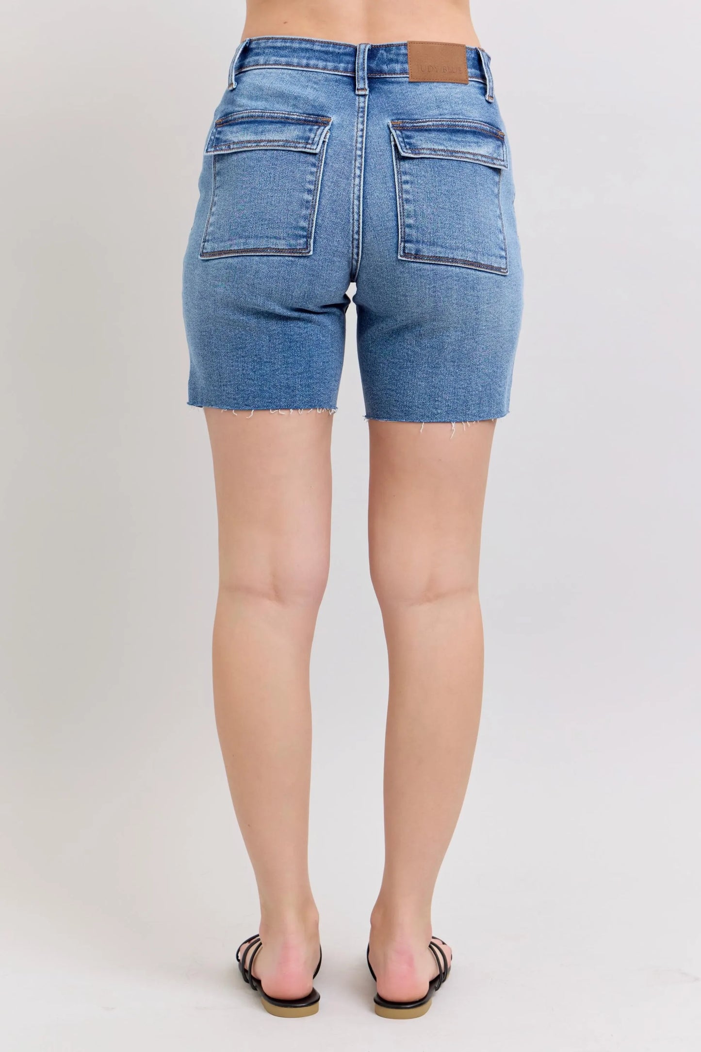 Full Size Mid Rise Bermudas Denim Shorts W/ Back Flap Pockets Plus Size