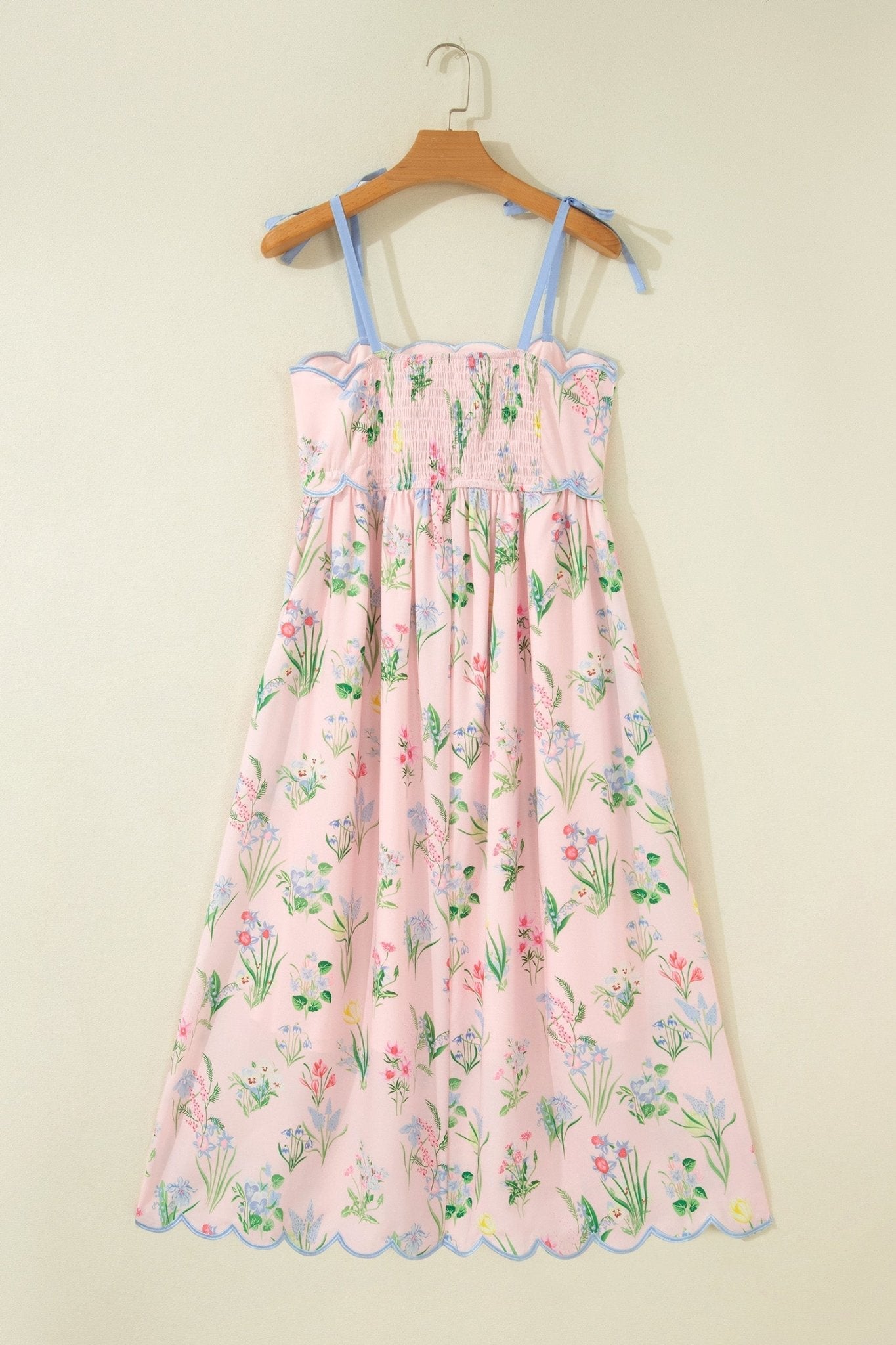 Pink Floral Print Contrast Trim Self - tie Straps High Waist Midi Dress - Loving It Shop