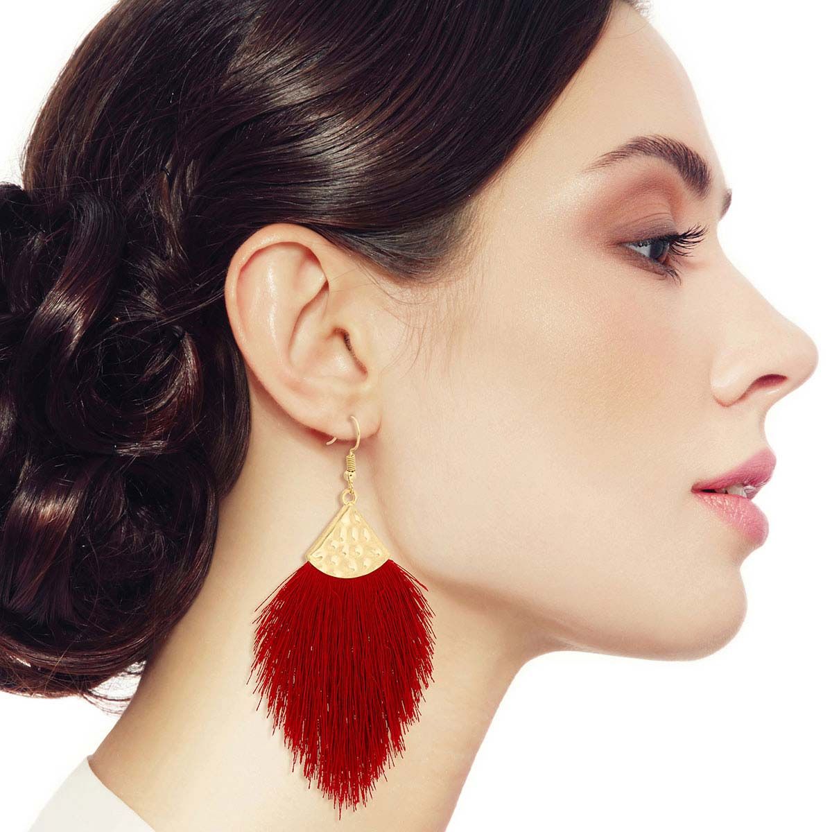 Silk Tassel Fish Hook Earrings Burgundy Stylish Statement Jewelry