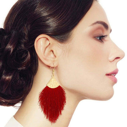 Silk Tassel Fish Hook Earrings Burgundy Stylish Statement Jewelry