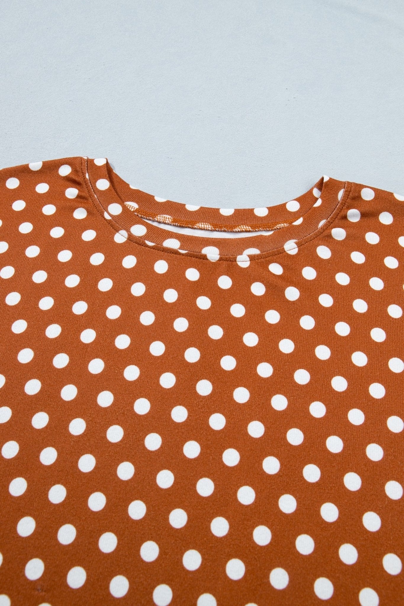 Brown Polka Dot Print Dropped Shoulder Tee Plus Size Short Set - Loving It Shop