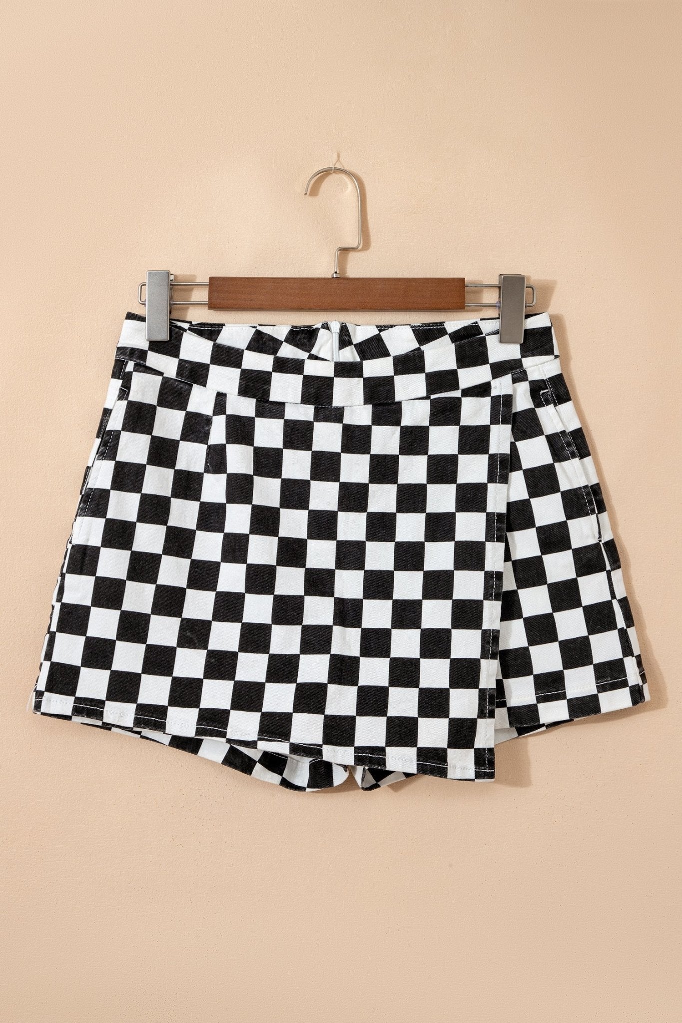 Black Checkered Print Overlap Denim Shorts - Loving It Shop