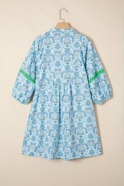 Sky Blue Boho Paisley Print Contrasted Patchwork Detail Bracelet Sleeve Loose Mini Dress