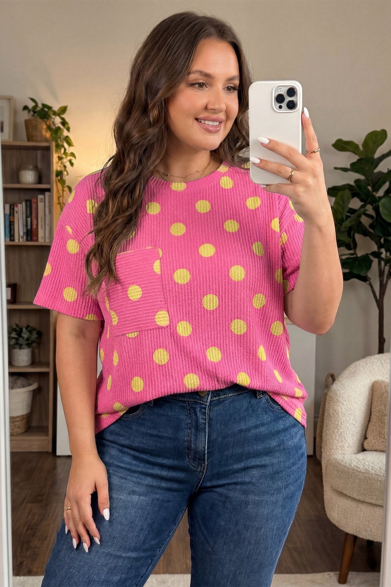 Pink Twisted Rib Polka Dot Print Plus Size T Shirt - Loving It Shop