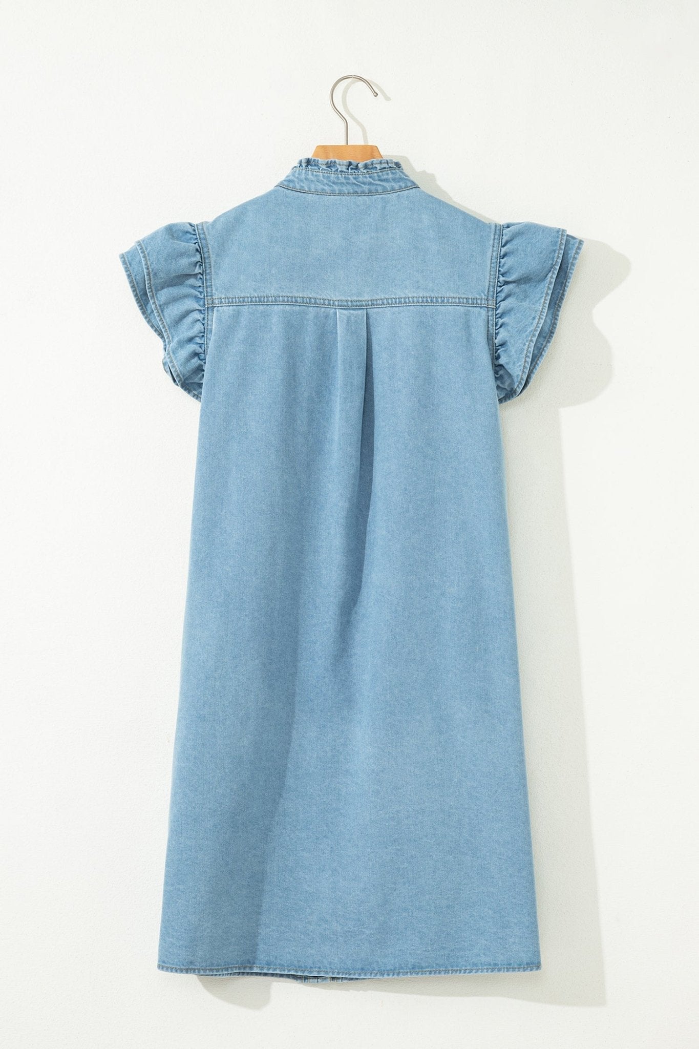 Myosotis Frilled Detail Button Down Ruffle Short Sleeve Denim Mini Dress - Loving It Shop