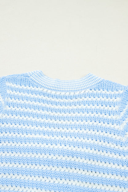 Sky Blue Stripe Short Sleeve Knit V Neck Bow Knot Sweater