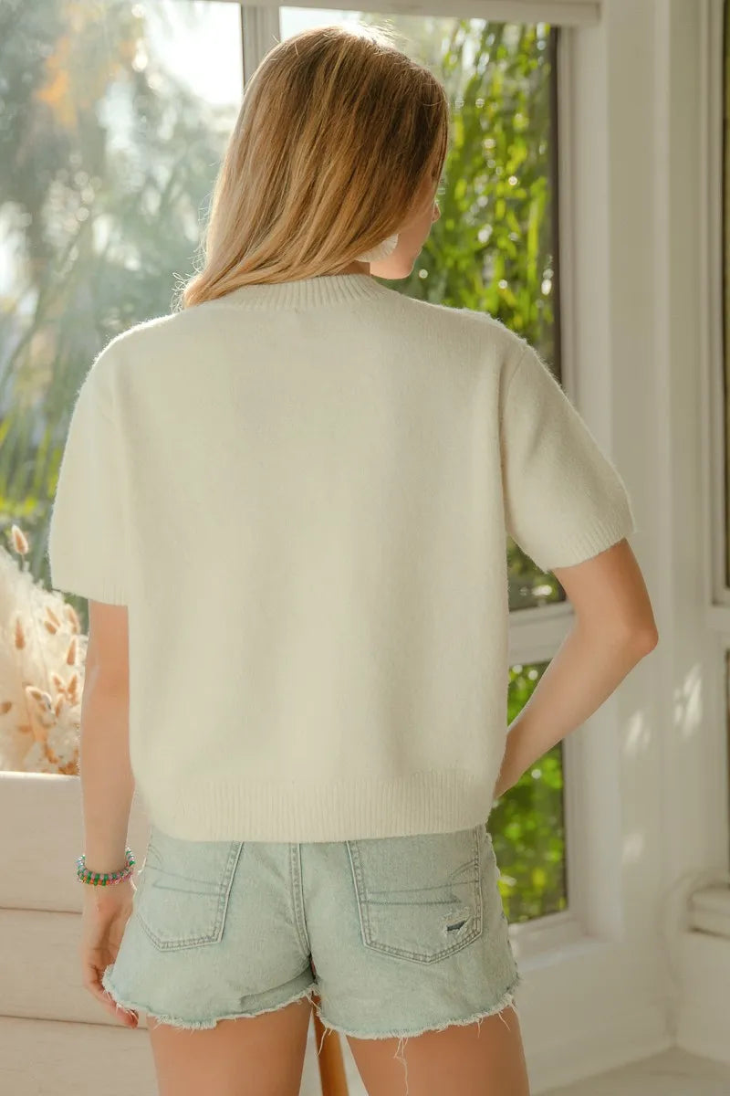 Teddy Bear With Bow Patched Sweater Button Down Top
