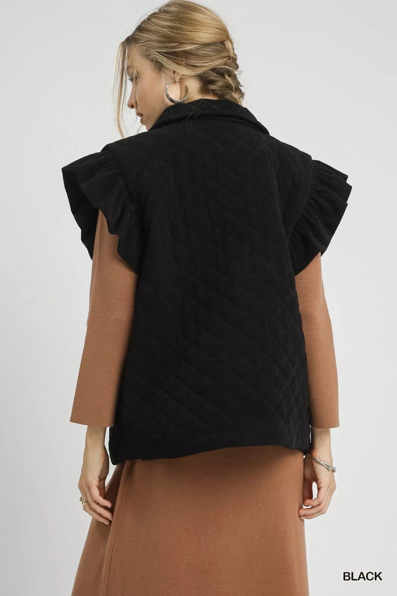 Corduroy Quilted Ruffle Sleeve Vest