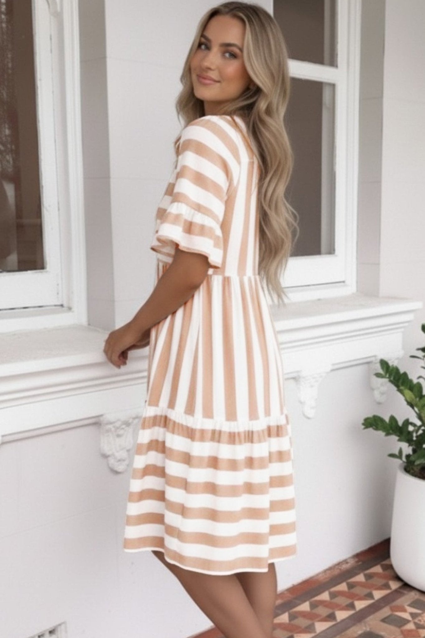 Khaki Stripe Tie V Neck Ruffle Trim Short Sleeve Flared Summer Dress - Loving It Shop