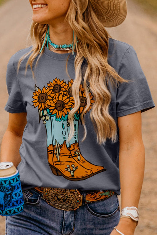 Gray Sunflower Cowgirl Boots Print Western Fashion T Shirt - Loving It Shop