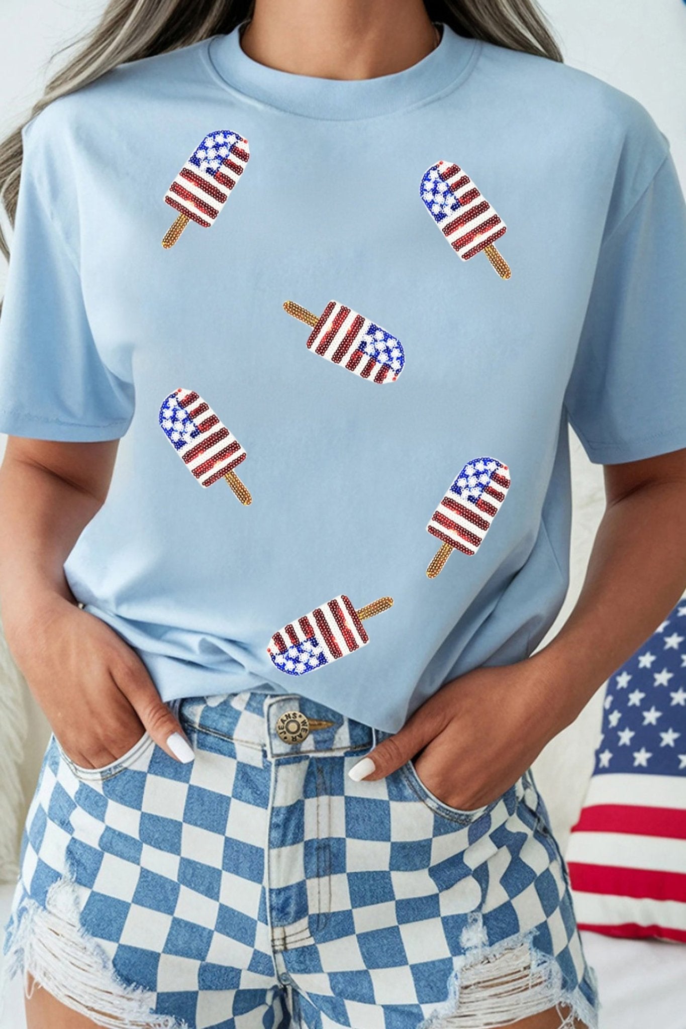 Light Blue Patriotic Sequin Popsicle T Shirt - Loving It Shop